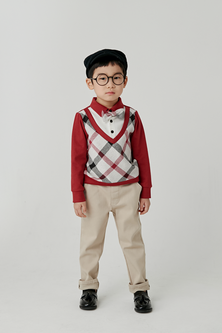 韓國 Coco Bang - 假兩件領結菱格紋T-酒紅