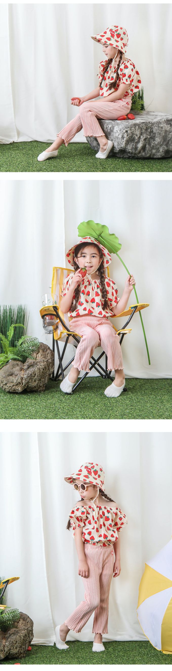 韓國 Babyblee - 正韓製愛心草莓印繫帶遮陽帽