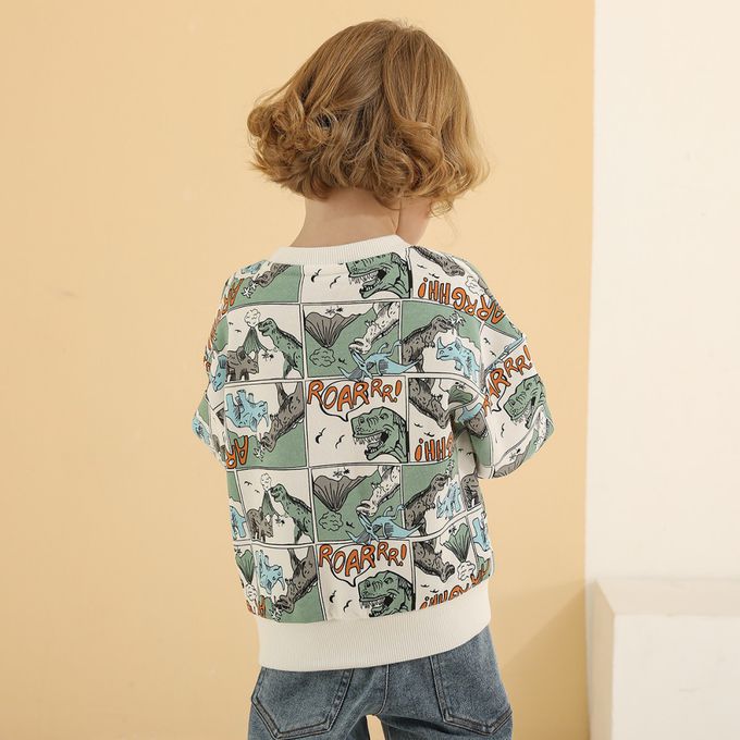 童趣圓領長袖上衣-漫畫恐龍-黃色
