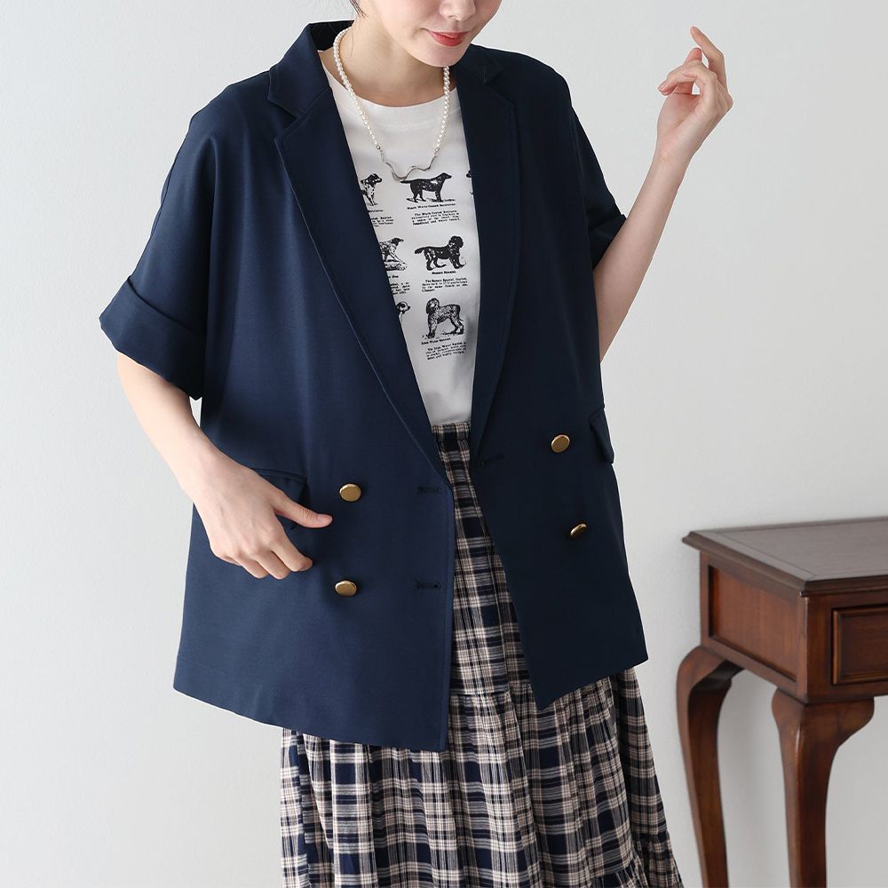 亞麻感氣質金釦短袖西裝外套-海軍藍