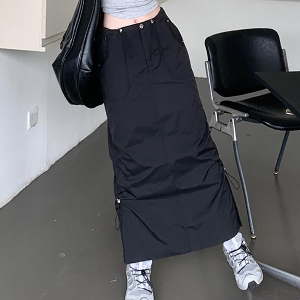 TIANYIFEI - 大口袋抽繩抓皺超顯瘦工裝裙-黑色