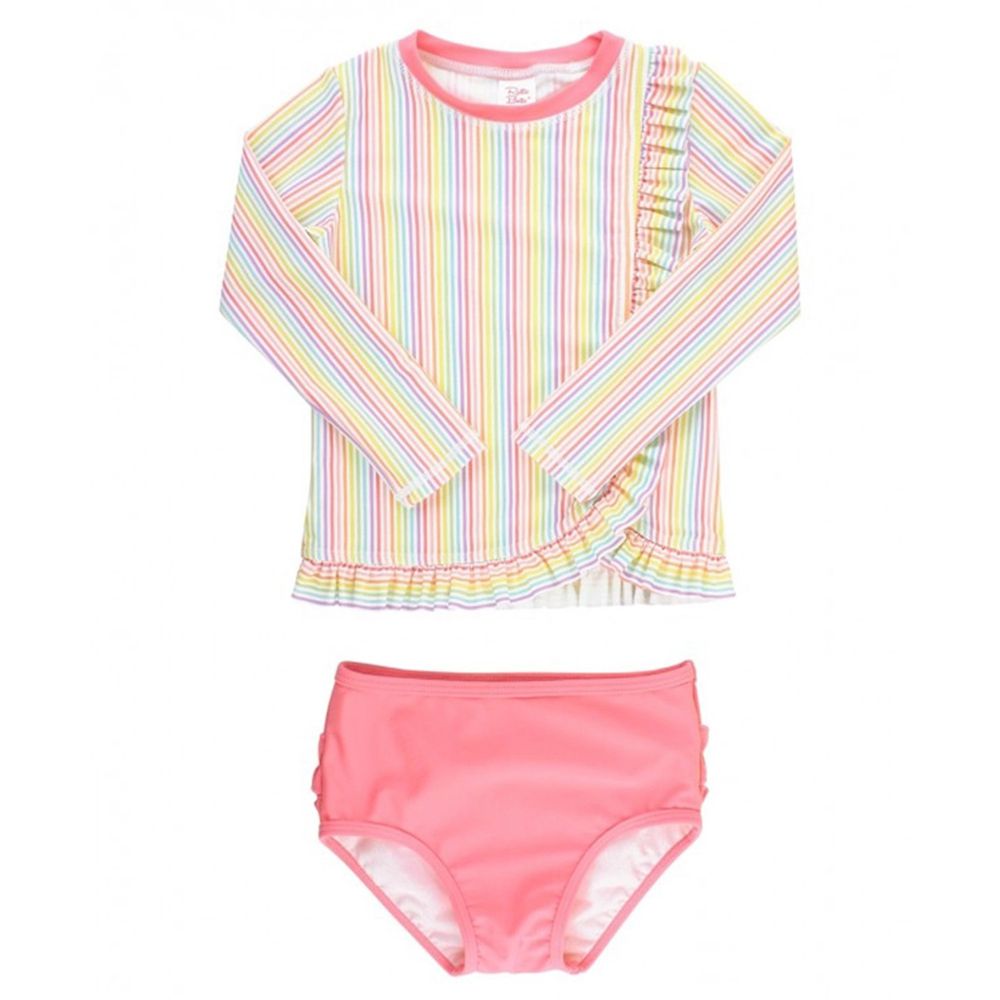 美國 RuffleButts - 小女童UPF 50+防曬兩件式長袖泳裝-夏日彩虹