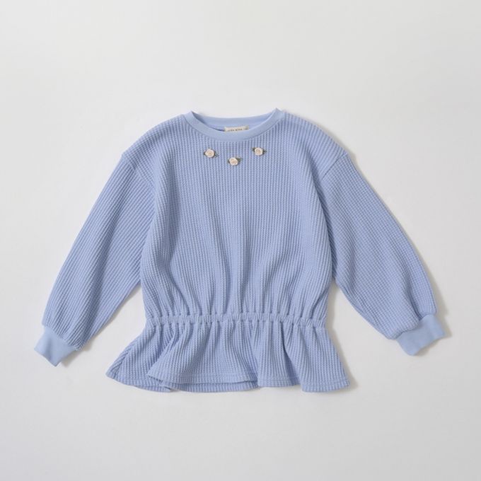 日本 Lycee mine - 華夫格領口小花束腰長袖上衣-淺藍