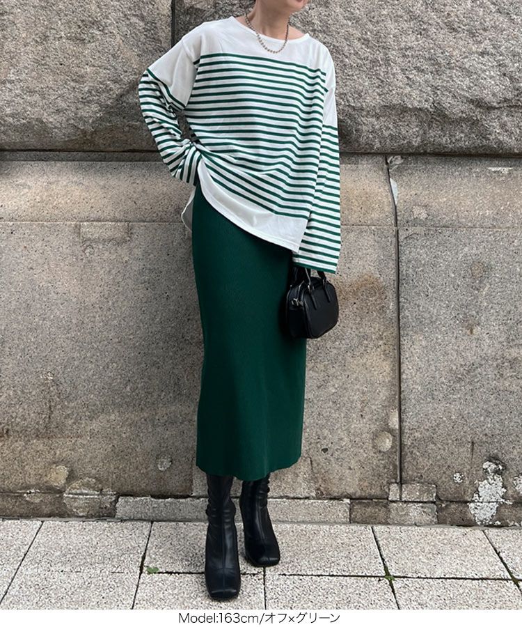 日本 Kobe Lettuce - 美型落肩橫條紋長袖上衣-綠x白