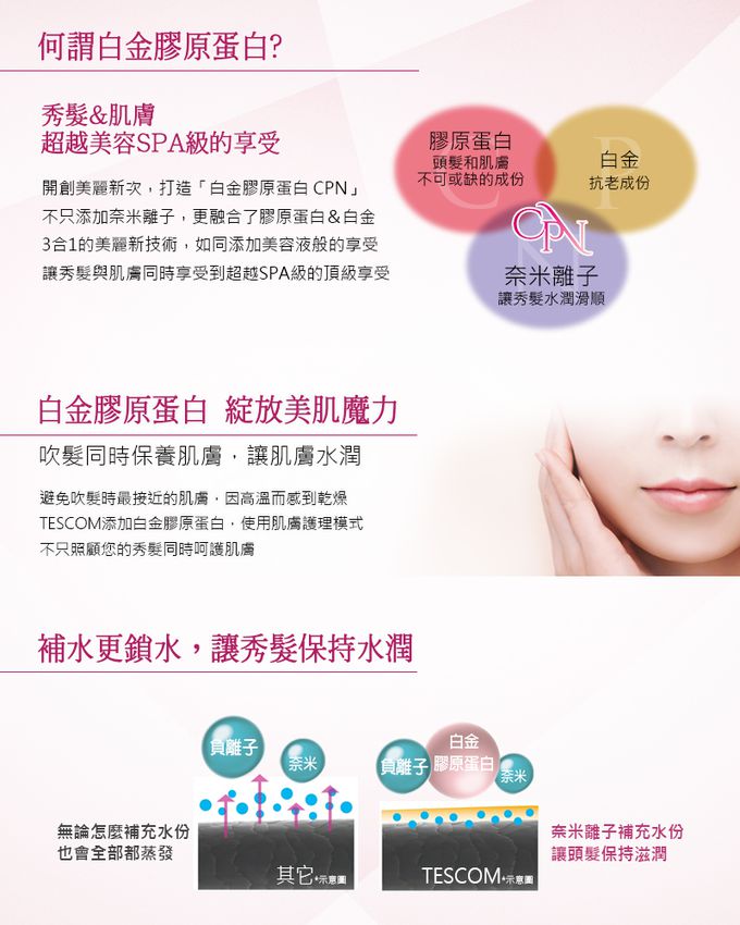 日本 TESCOM - 白金膠原蛋白吹風機 TCD5000TW-粉