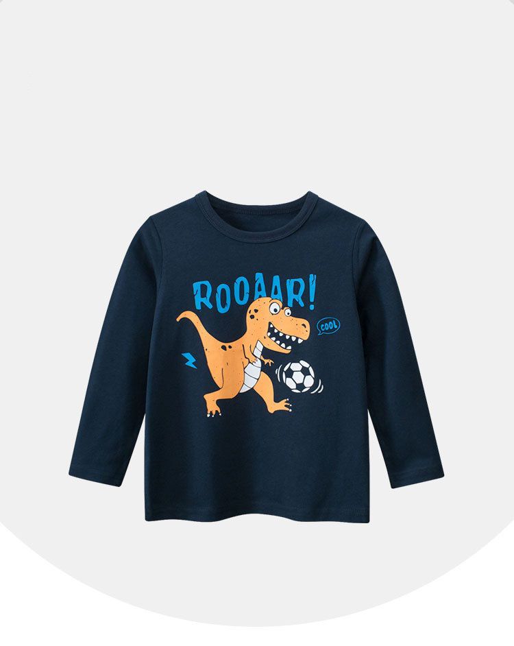 純棉圓領薄長袖上衣-恐龍踢足球-深藍色