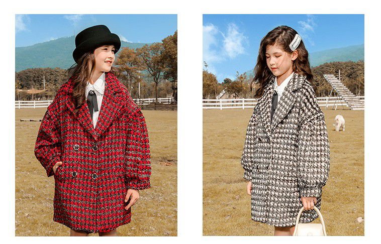 千鳥格紋保暖大衣-紅色