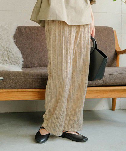 日本 Bou Jeloud - 蕾絲雕花垂墜寬褲-軍綠