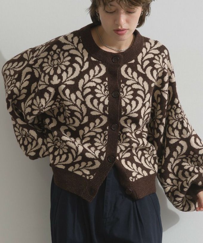 日本 Lupilien - 盛開花卉針織寬袖開襟衫/外套-咖啡