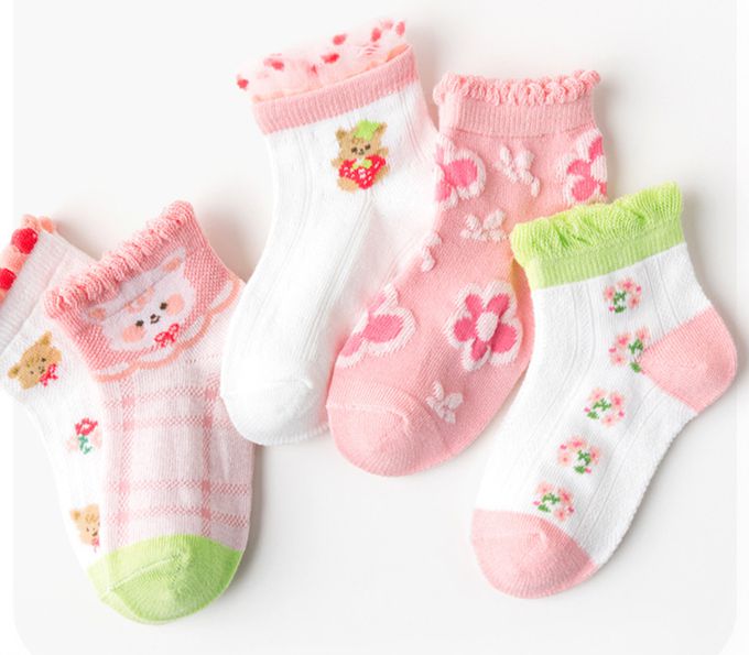 可愛小貓草莓荷葉邊網眼短筒棉襪