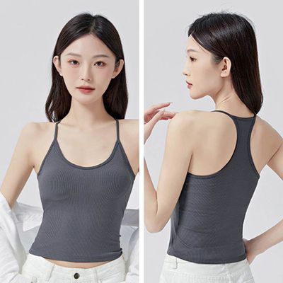 JS - 細肩帶挖背BRA TOP/附罩杯上衣-深灰