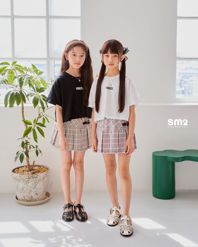 韓國 sm2 - 學院格紋扣帶裝飾百褶裙-粉