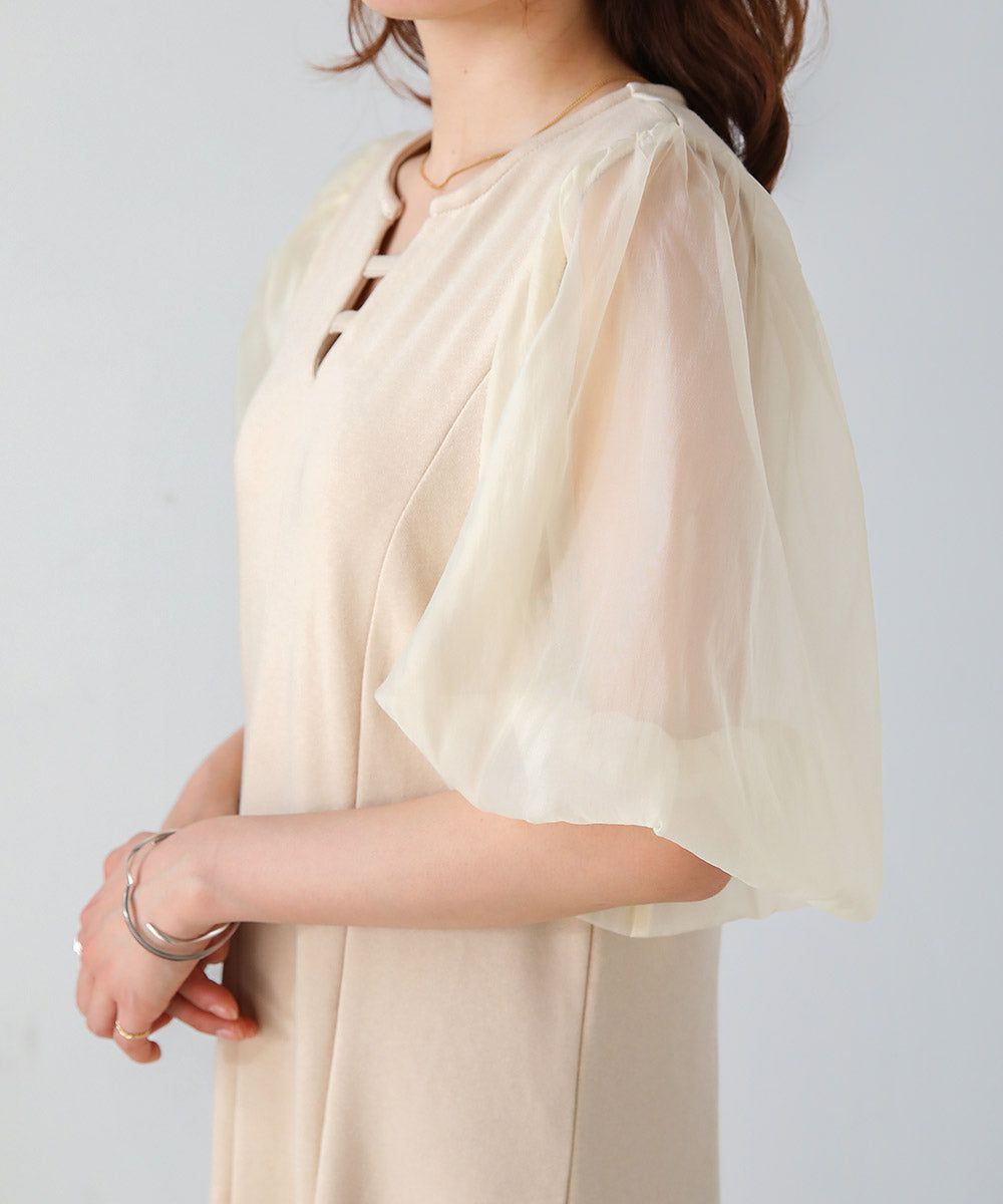 日本 Bab - 浪漫薄紗拼接泡泡袖洋裝-米杏