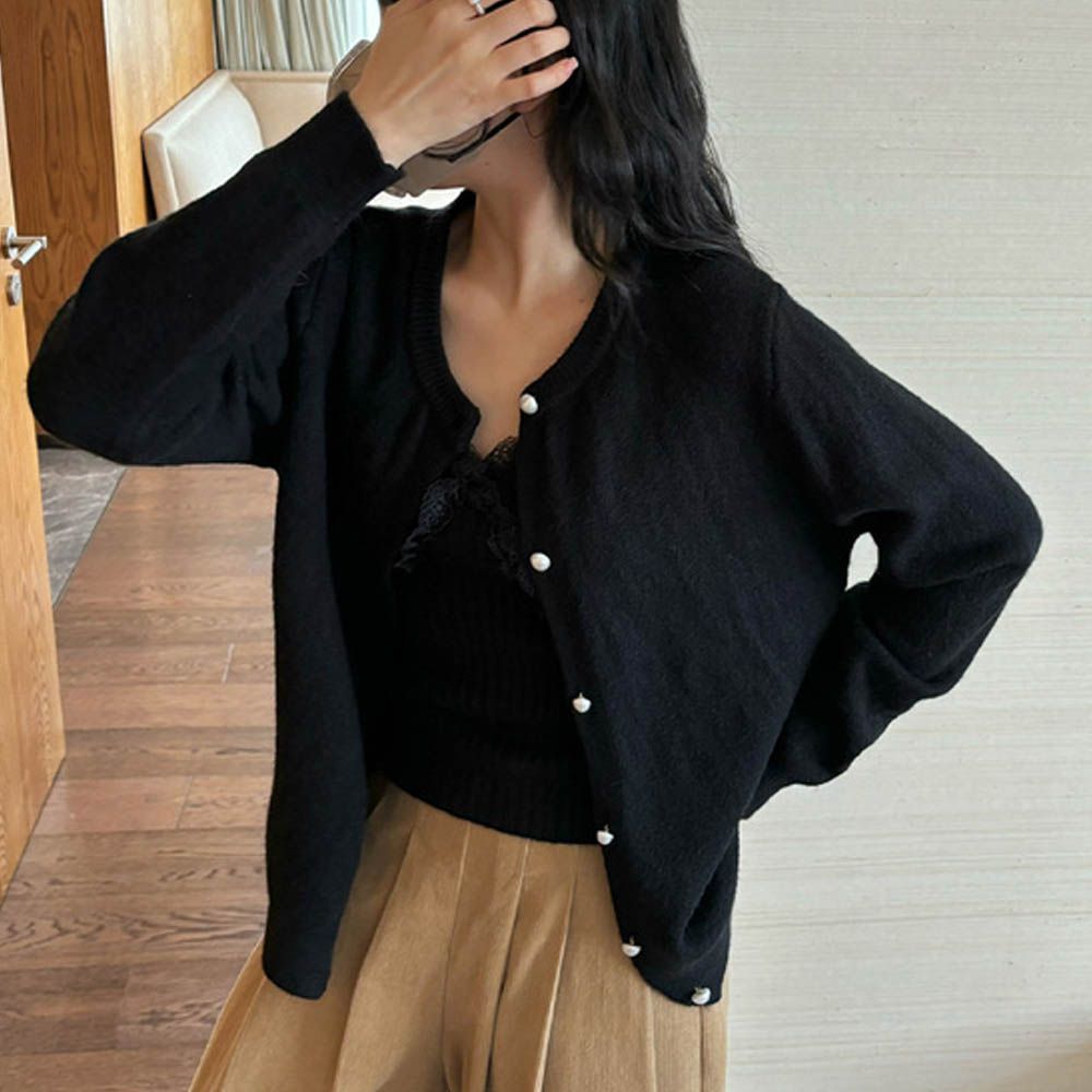 蕾絲細肩帶背心+珍珠薄針織外套(2件組)-黑 (F)