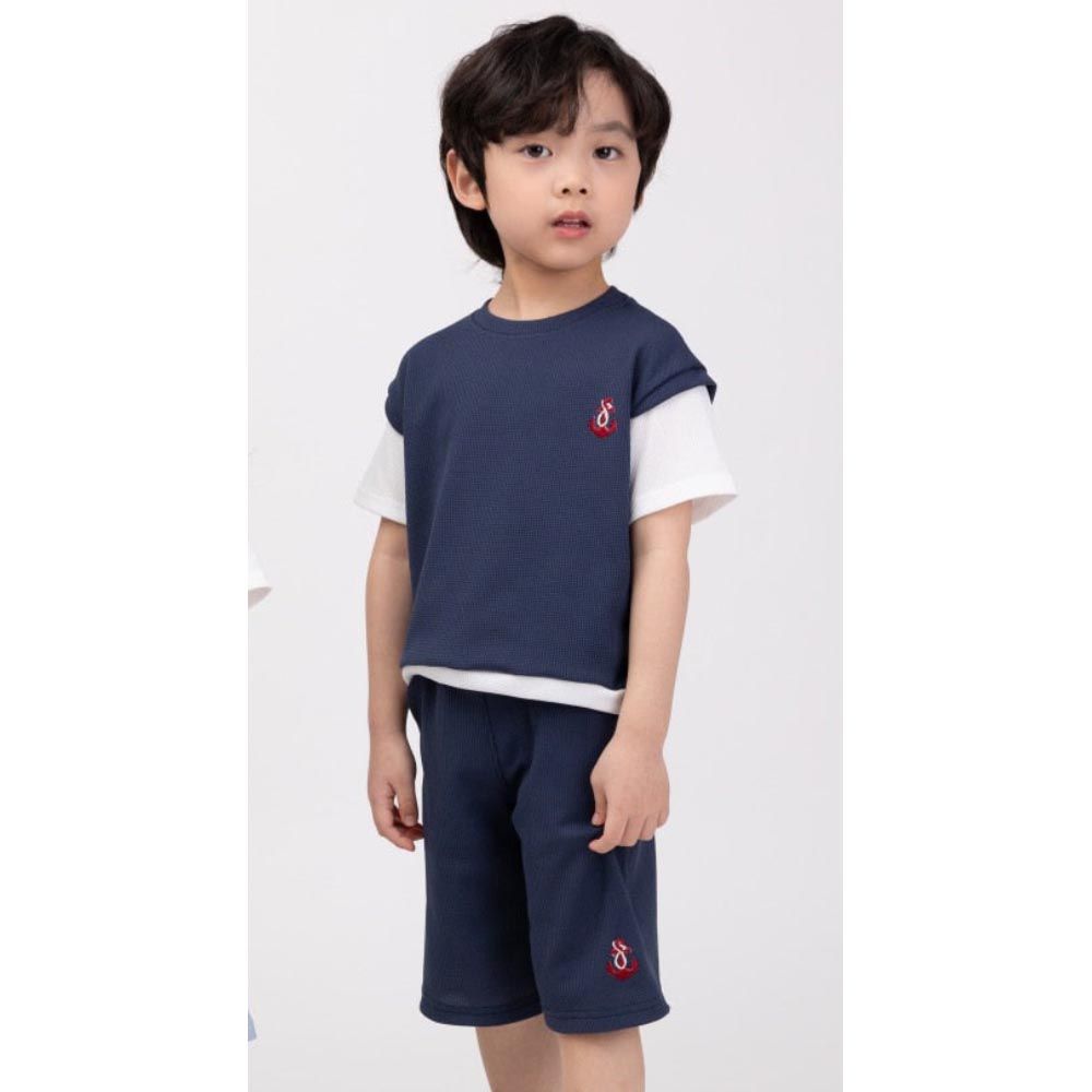 韓國 Coco Bang - (兩件式)海軍徽章點綴短袖套裝-海軍藍