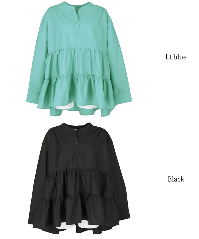 日本 COCA - 氣質蛋糕層次長袖上衣-經典黑