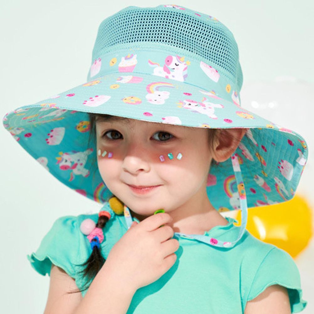可調節兒童大帽簷防曬遮陽帽-獨角獸-湖水綠