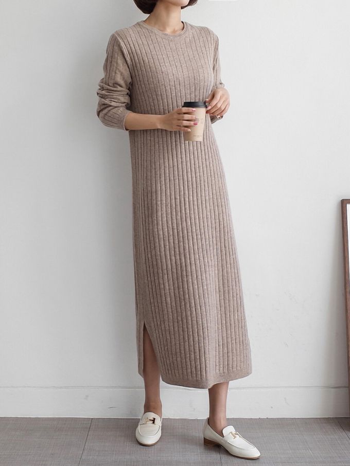 韓國女裝連線 - 喀什米爾羊毛針織連身洋裝-摩卡 (FREE)