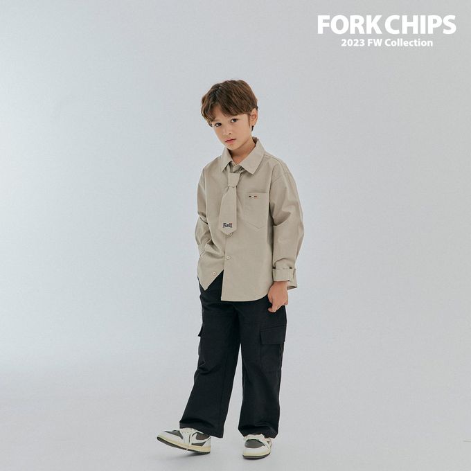 韓國 FORK CHIPS - 鬆緊腰大口袋工裝寬鬆長褲-黑