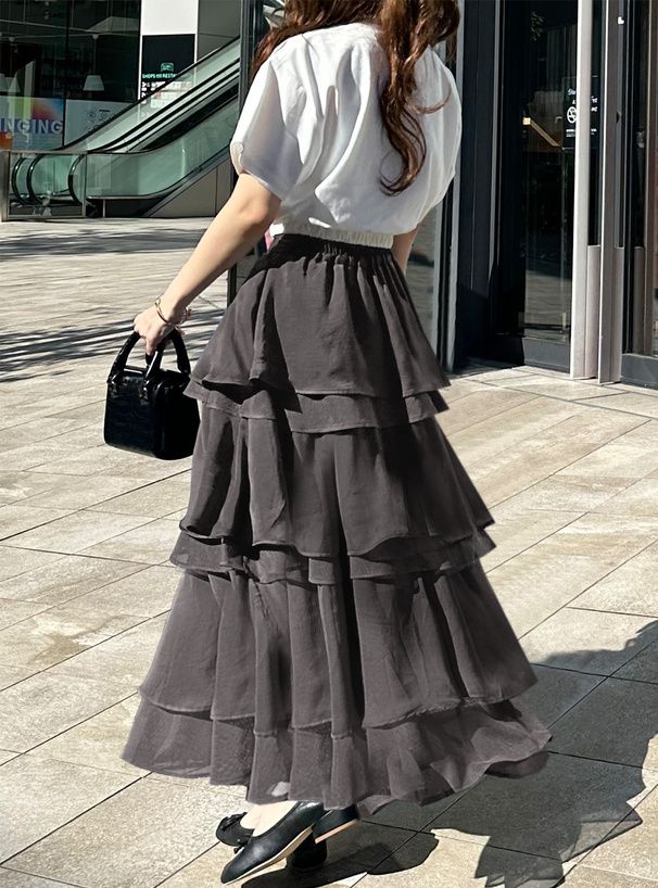 日本 GRL - 酷甜蛋糕層次長裙-黑