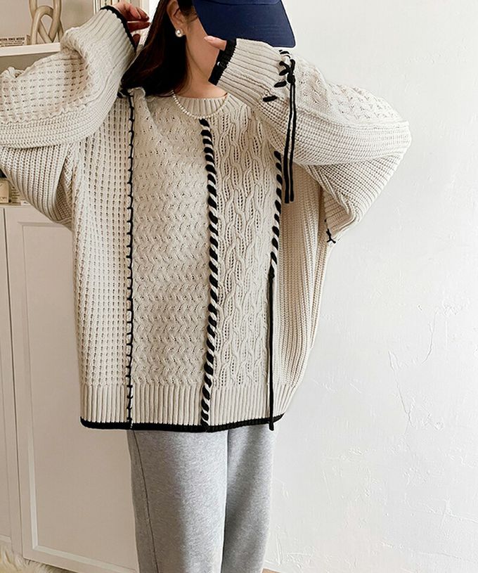 日本 Classical Elf - 2way跳色毛線編織寬鬆長版毛衣-黑