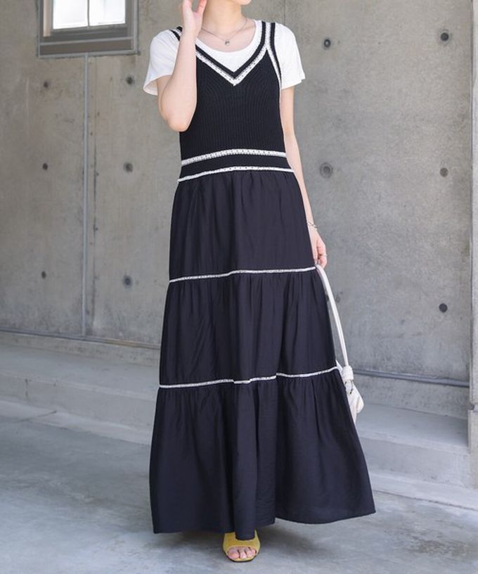 日本 Bab - 純棉針織拼接渡假風無袖洋裝-經典黑