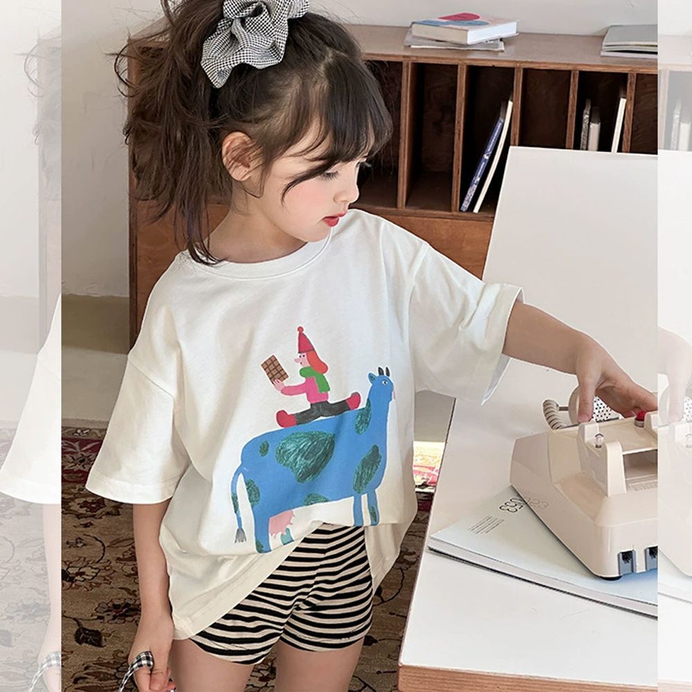 手繪風美式休閒純棉短袖上衣-白色