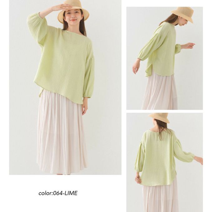 日本 OMNES - 100%印度棉 簡潔二重紗澎袖上衣-深藍格紋