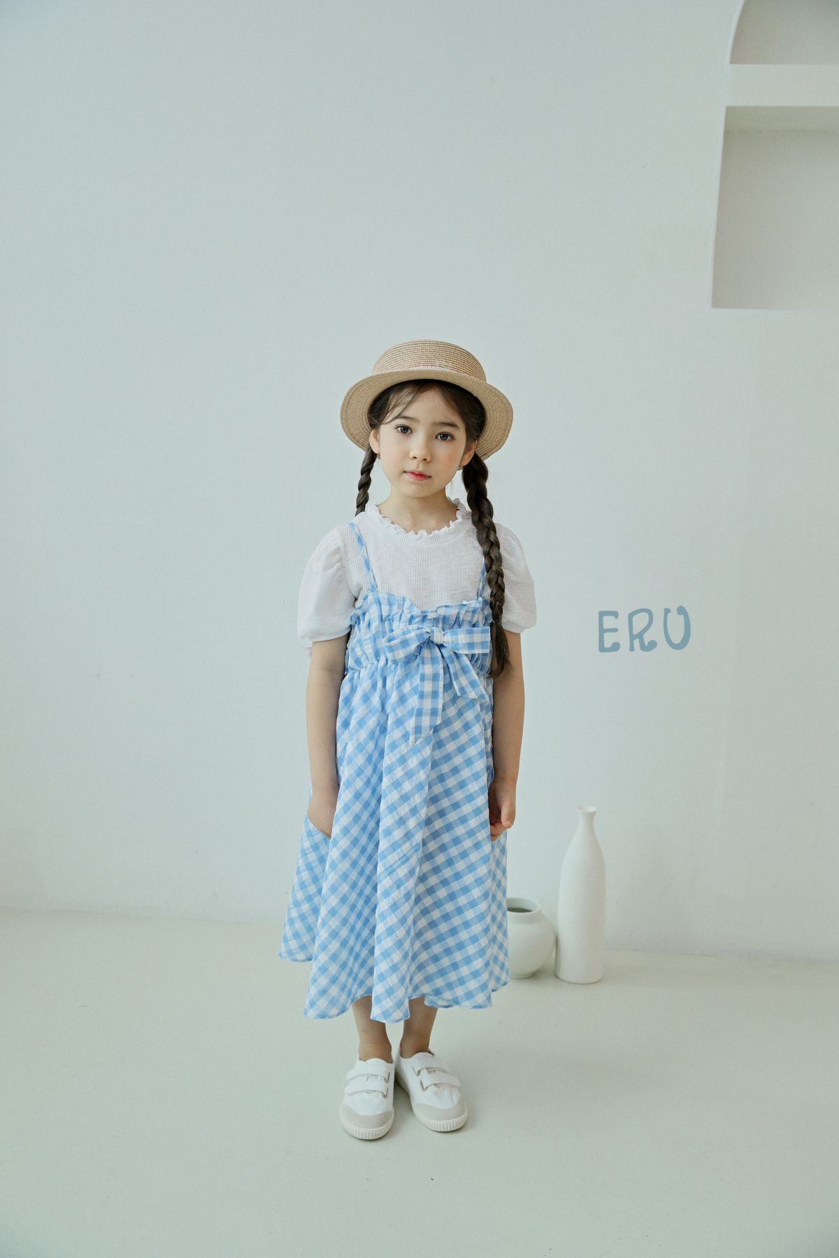 韓國 ERU - 胸前蝴蝶結格子吊帶裙-藍