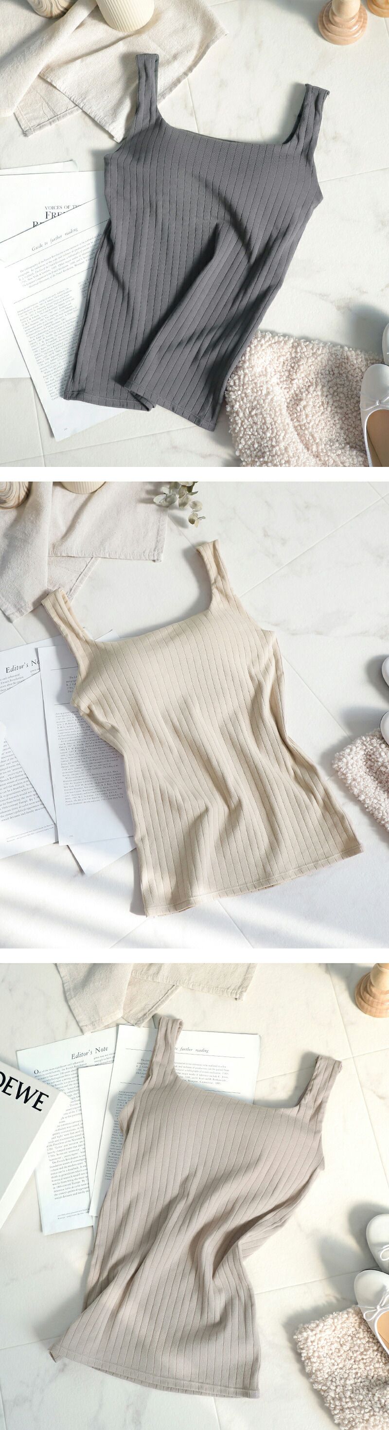 日本女裝代購 - 極致美胸 羅紋無袖背心(附Bra)-深灰