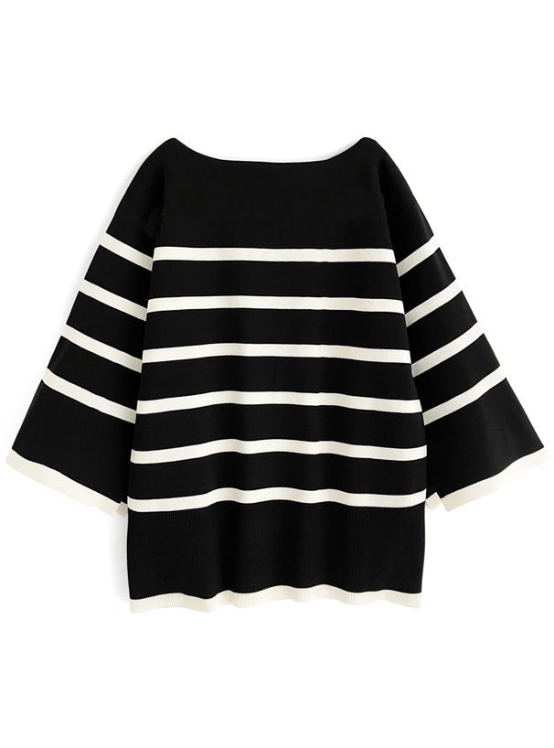 日本 GRL - 修身船領優雅長版針織上衣-黑x白 (F)