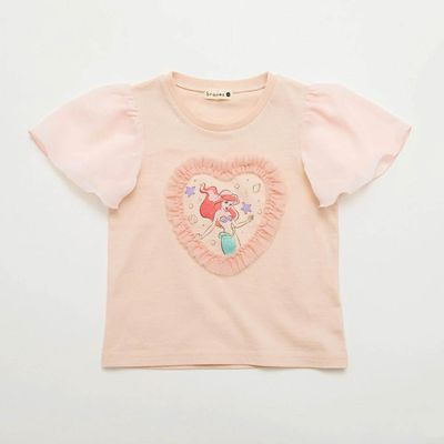 日本 BRANSHES - 迪士尼限定 夢幻雪紡短袖上衣-卡通人物小美人魚-粉橘
