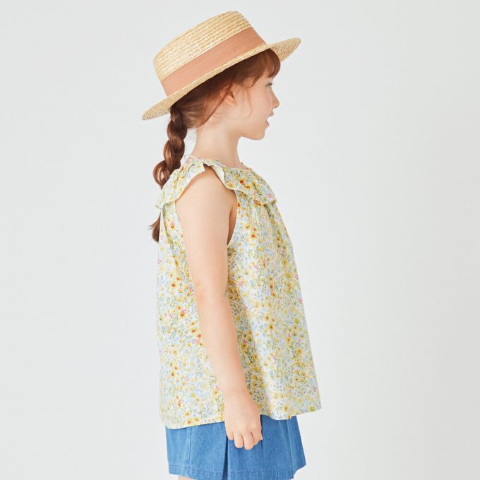 日本 evercloset - 滿版花荷葉領無袖上衣-黃系