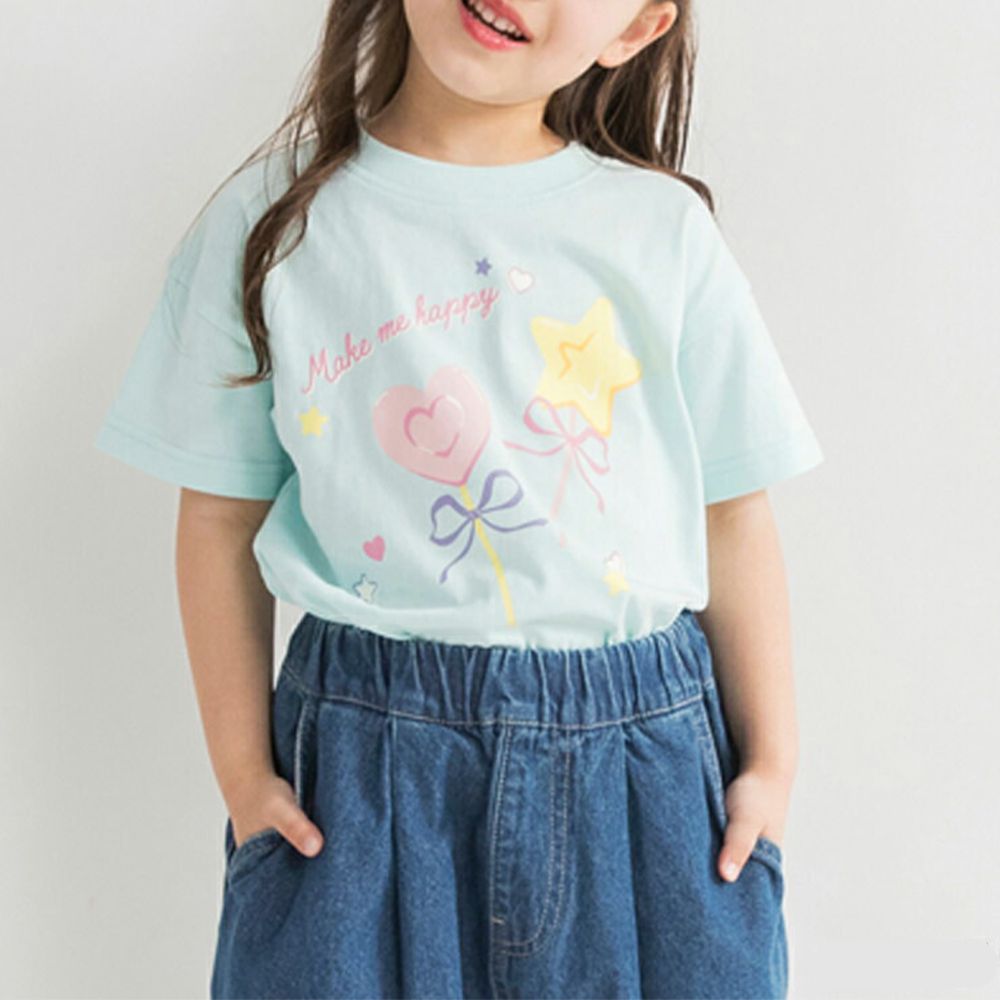 100%天竺棉女孩短袖上衣-星星棒棒糖-淺綠