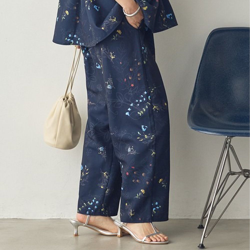 優美花卉鬆緊舒適寬褲-海軍藍