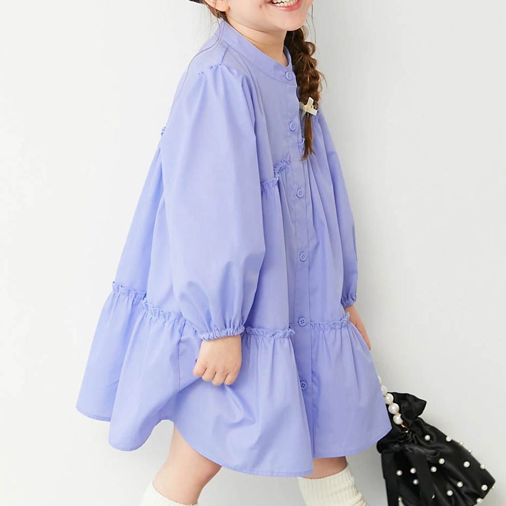 甜美荷葉邊襯衫長袖洋裝-藍紫