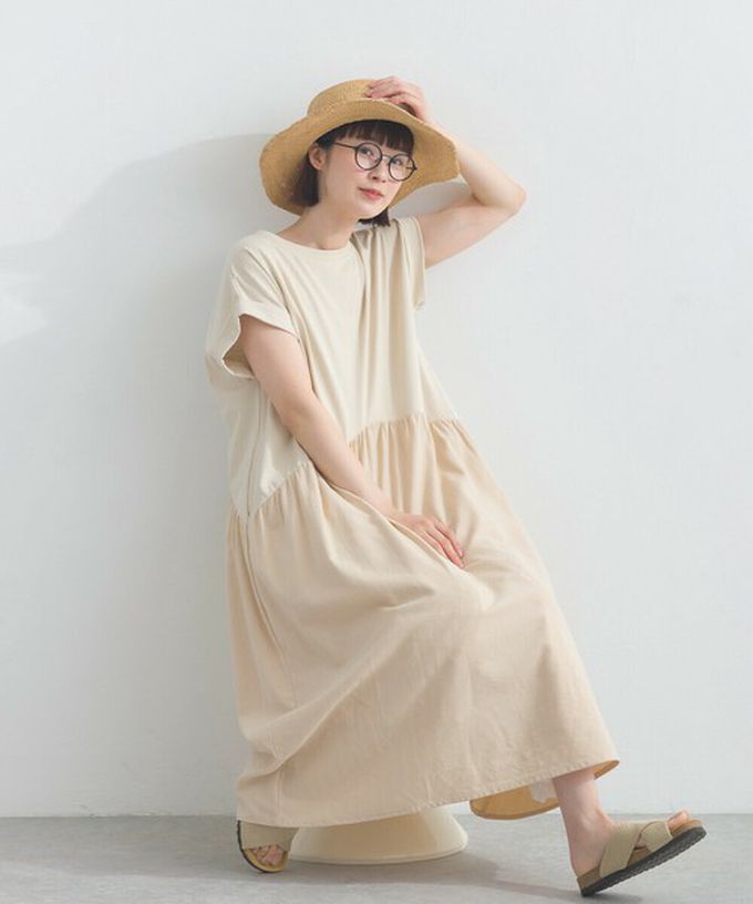 日本 Lupilien - [人氣款]亞麻混紡條紋拼接短袖洋裝-芥末黃