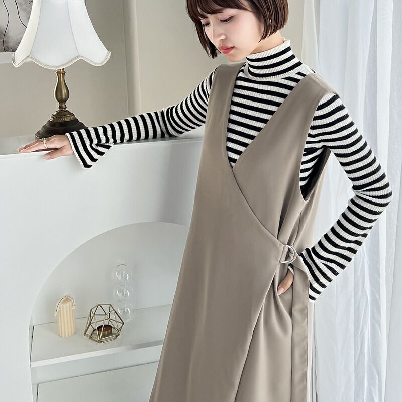 日本 Classical Elf - 前後穿V領垂墜感綁腰休閒寬褲-黑