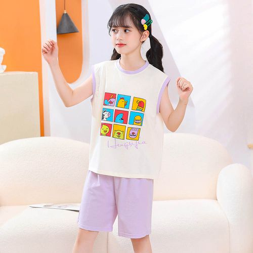 天絲涼感背心+短褲家居服套裝-萌趣動物-紫色