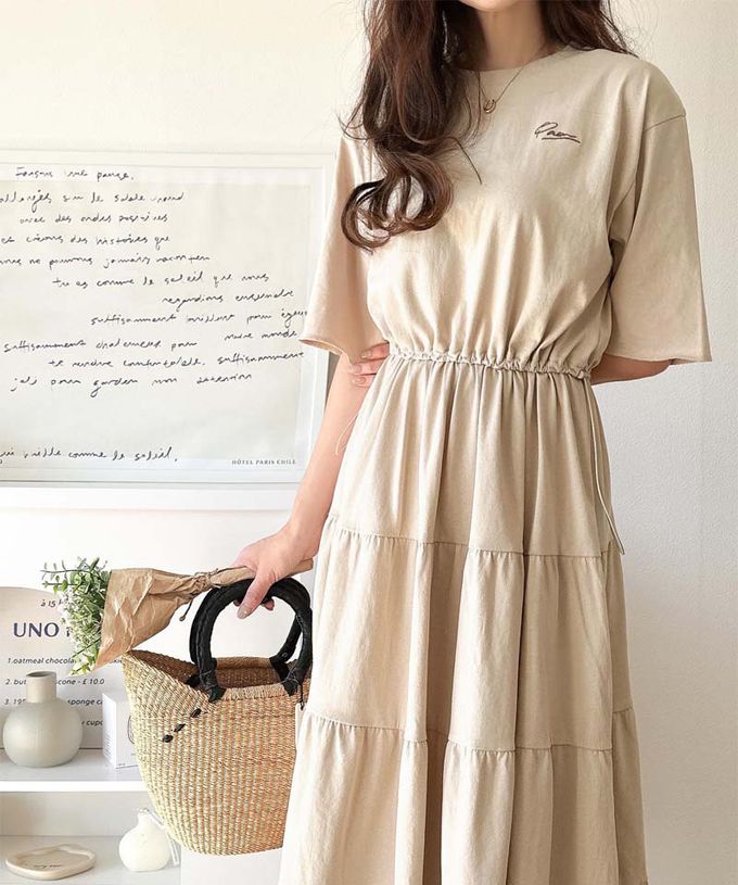 日本 Classical Elf - 簡約logo刺繡 腰抽繩分層短袖洋裝-海軍藍