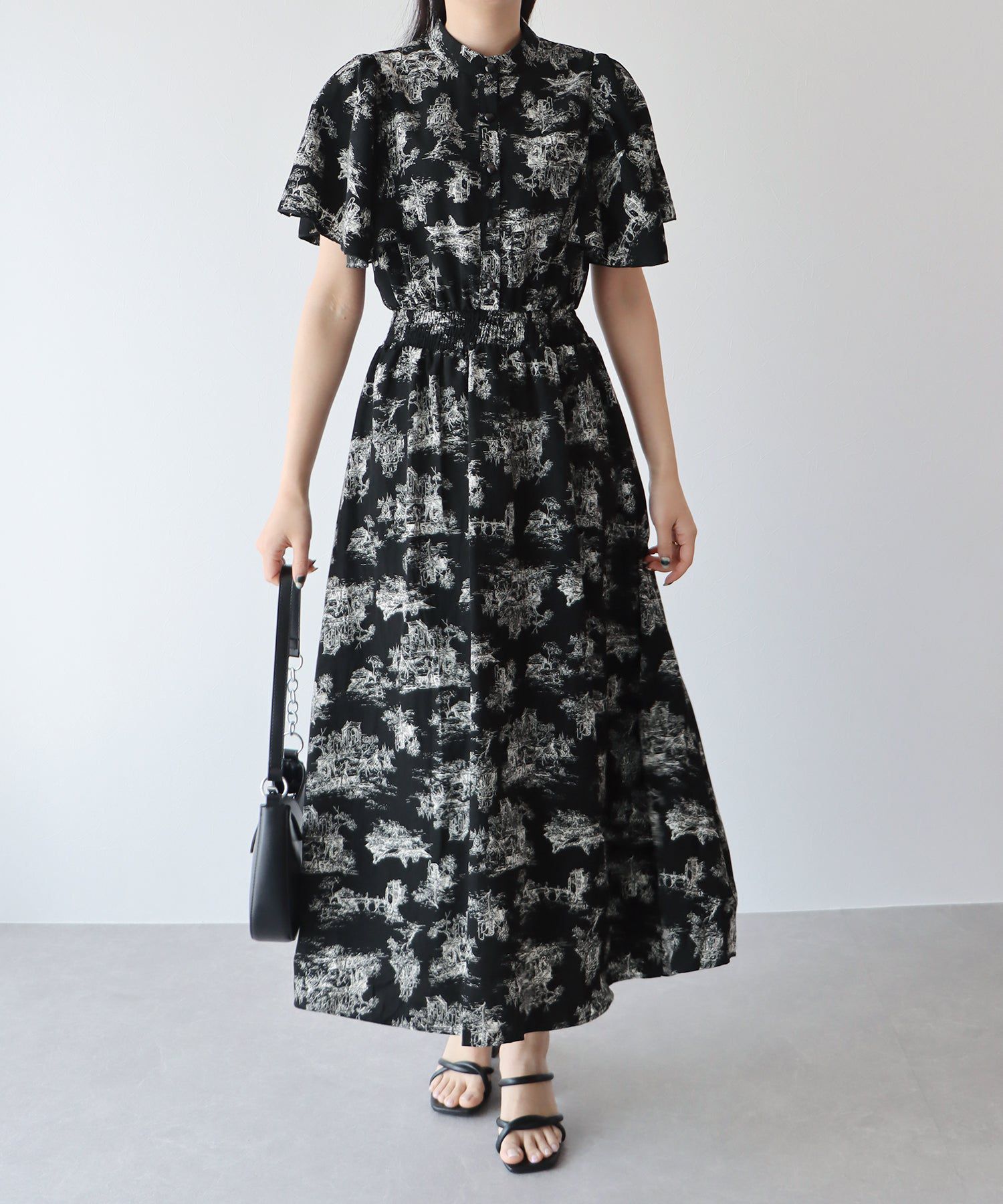 日本 BLUE EAST - 浪漫時光碎花雪紡短袖洋裝-寧靜花園-淺粉紫