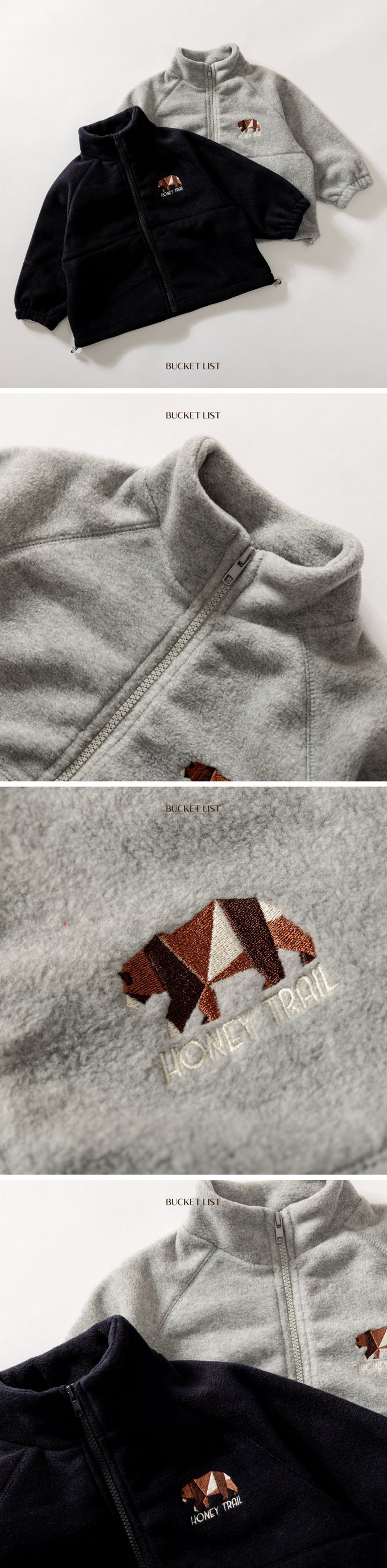 韓國 BUCKET LIST - 刺繡熊搖粒絨拉鍊立領上衣-灰