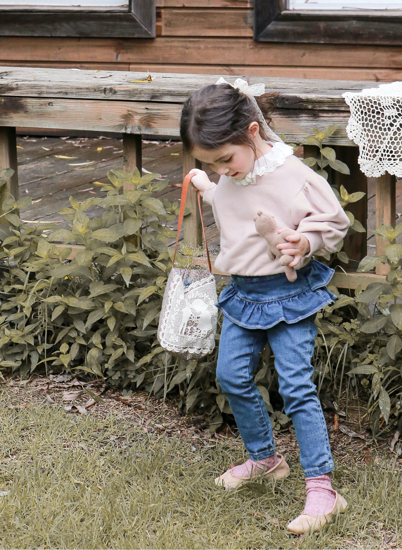 韓國 Puellaflo - 鬆緊腰蝴蝶結層次丹寧長褲-深藍