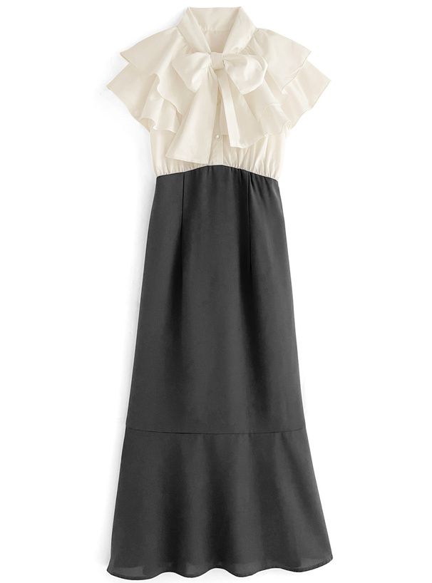 日本 GRL - 華麗蝴蝶結拼接魚尾洋裝-黑x白