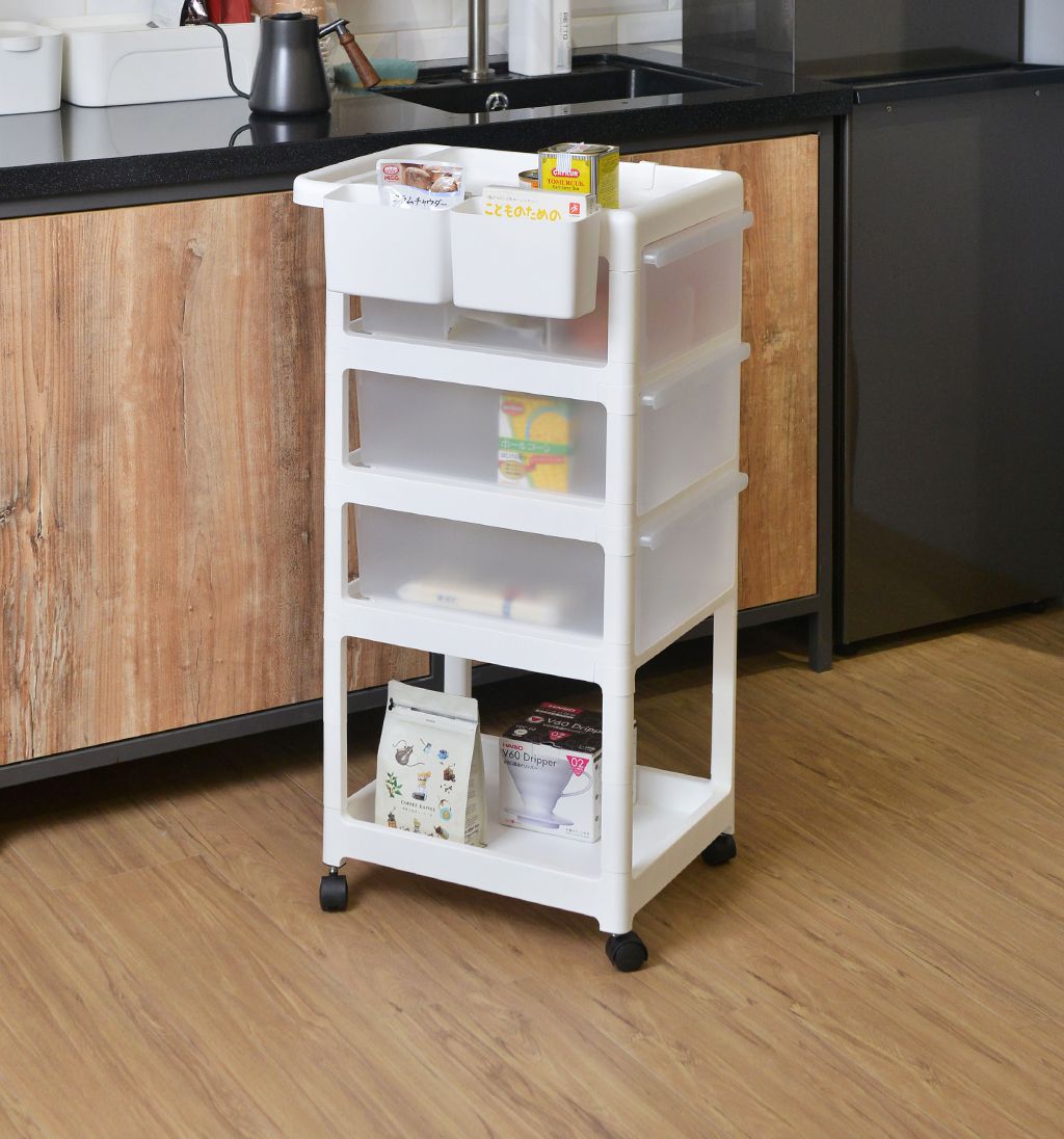 PICKup - 可移式四層抽屜多用途收納推車(3抽)-DIY-霧透抽屜款(粉白)