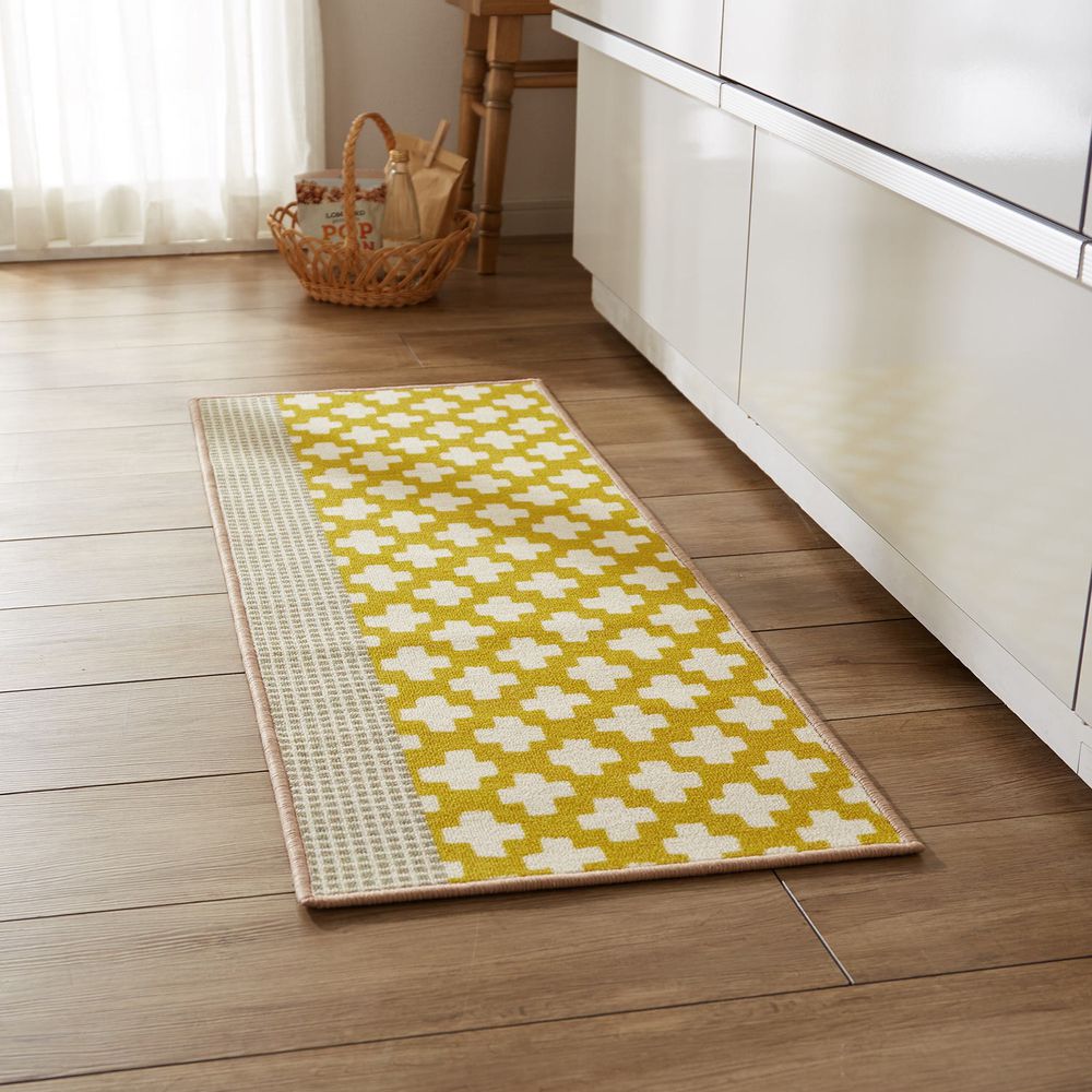 日本千趣會 - 北歐風 長條型腳踏墊(廚房/臥室)-十字紋-黃