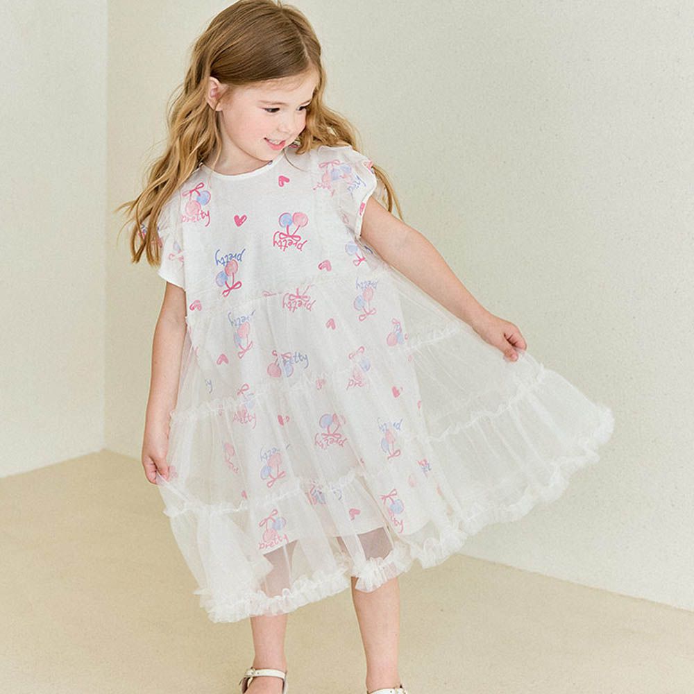 甜美雙色櫻桃裝飾網紗荷葉短袖洋裝-米