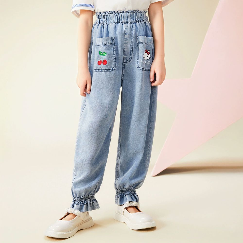 活力百搭縮口天絲牛仔褲-卡通人物Hello Kitty-藍色