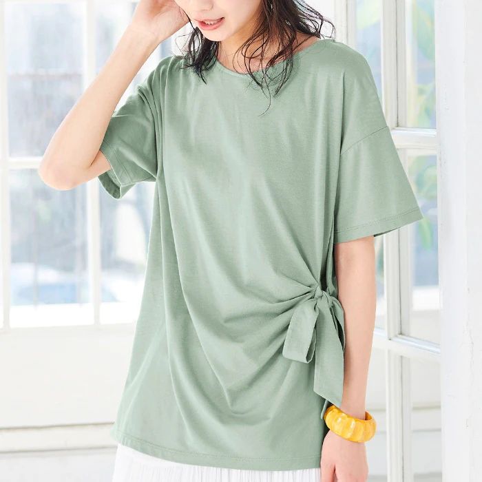 日本 BELLUNA - 防曬涼感 五機能側腰綁帶短袖上衣-白