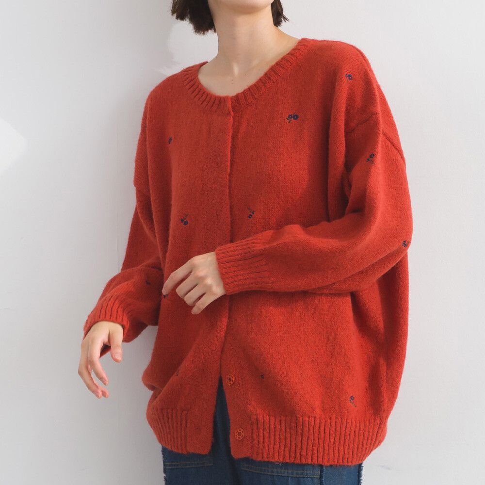 低調小花刺繡圓領開襟針織外套-橘紅